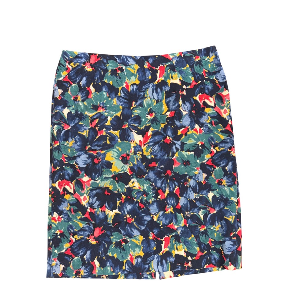 Talbots Floral Pencil Skirt Navy Blue Teal Yellow Cotton Blend Size 12